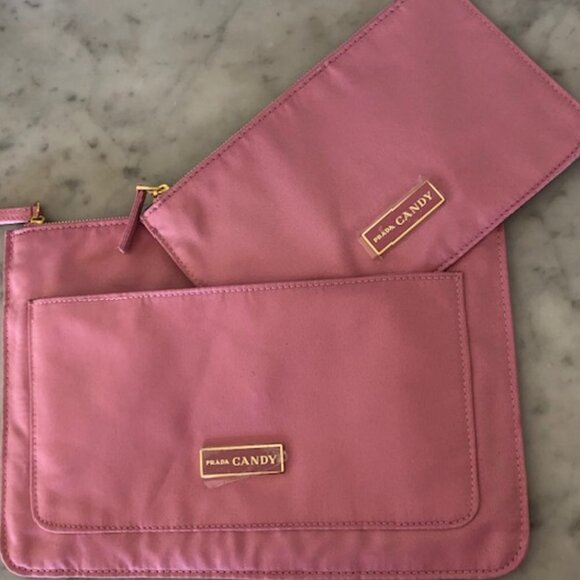 PRADA CANDY Set of Cosmetic Bags Pink Fabric Zip Top Rectangular NWOT - Picture 1 of 17